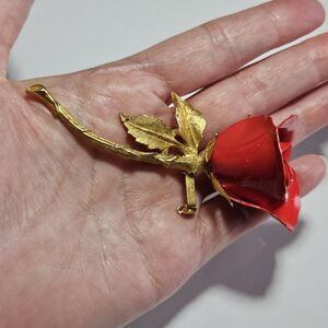 **Sale** Vintage KAREW Red Enamel Long Stem Rose Flower Gold tone 3D Large